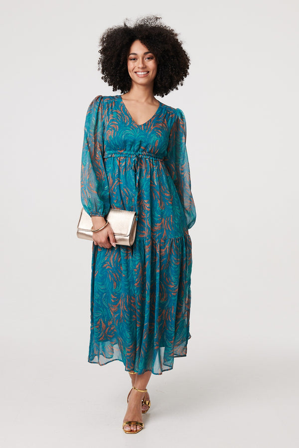 Teal | Leaf Print Sheer Tie Waist Maxi Dress