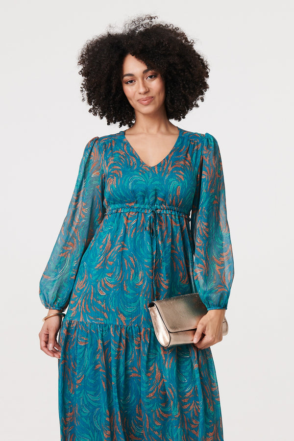 Teal | Leaf Print Sheer Tie Waist Maxi Dress