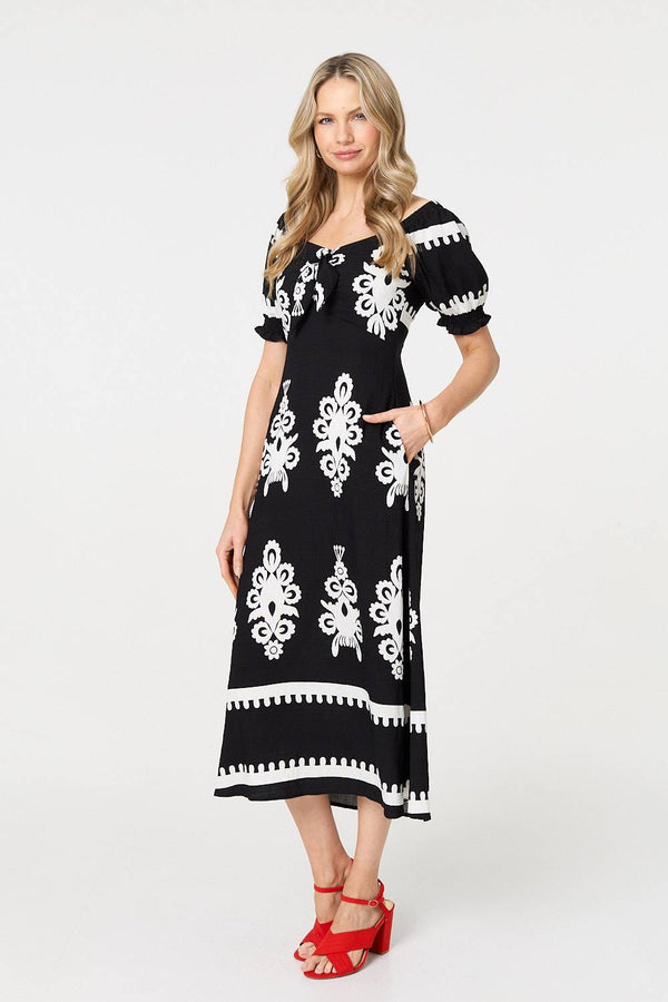 Black | Printed Puff Sleeve Tie Front Midi Dress