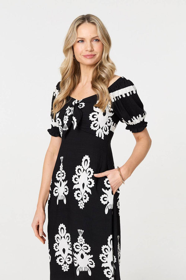 Black | Printed Puff Sleeve Tie Front Midi Dress