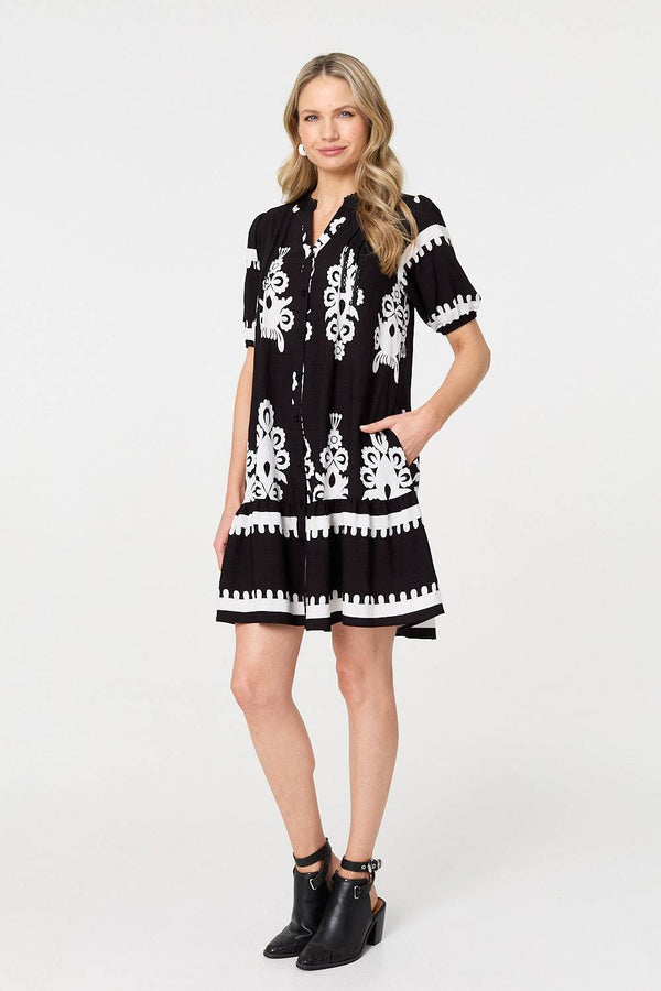 Black | Printed Lace Trim Relaxed Short Shirt Dress