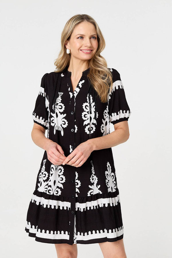 Black | Printed Lace Trim Relaxed Short Shirt Dress