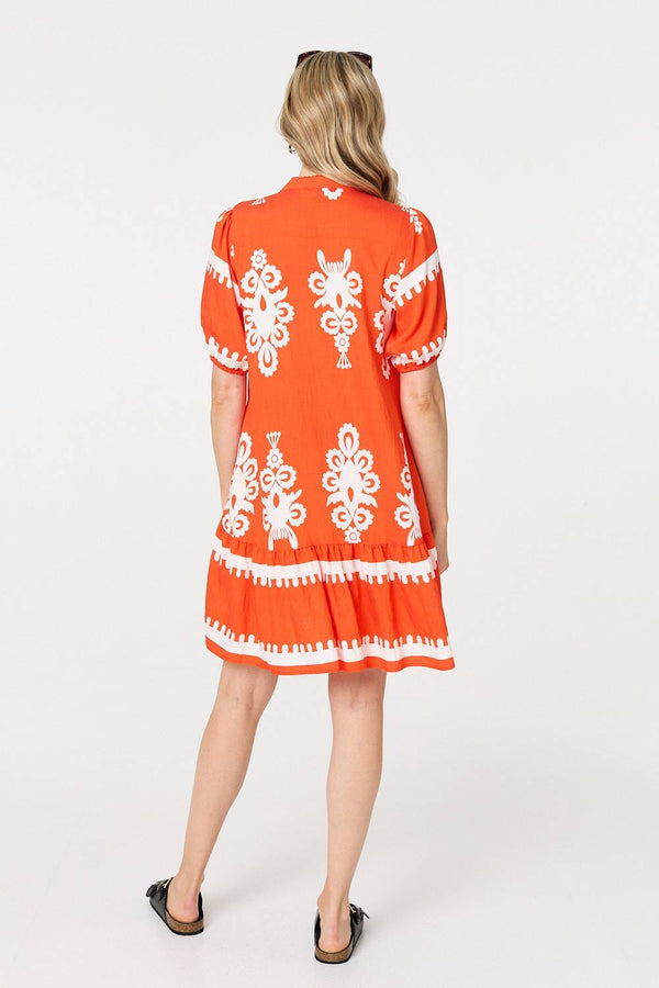 Orange | Printed Lace Trim Relaxed Short Shirt Dress