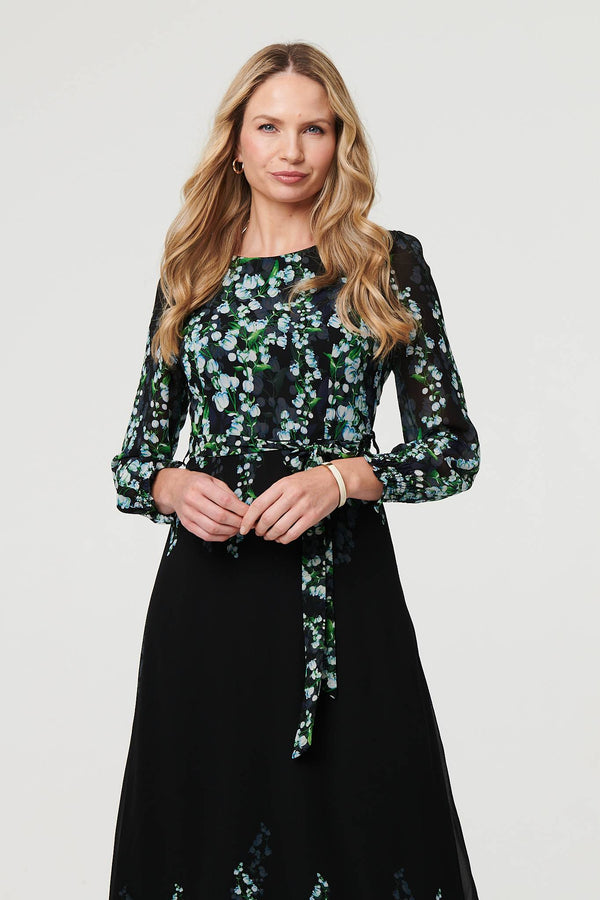 Black | Floral Long Sleeve Chiffon Maxi Dress
