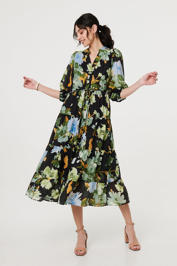 Black | Leaf Print 3/4 Sleeve Shirt Midi Dress