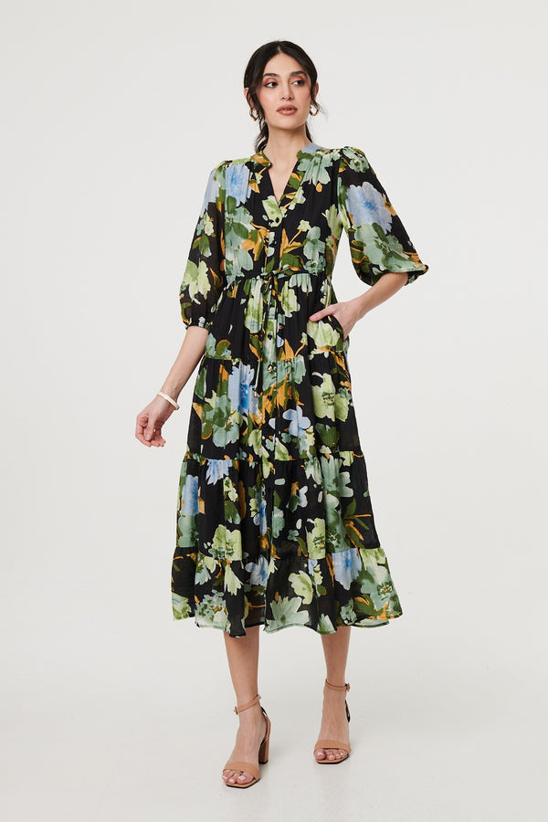 Black | Leaf Print 3/4 Sleeve Shirt Midi Dress
