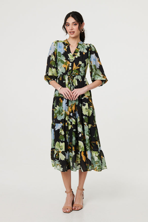 Black | Leaf Print 3/4 Sleeve Shirt Midi Dress