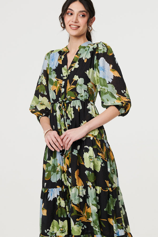 Black | Leaf Print 3/4 Sleeve Shirt Midi Dress