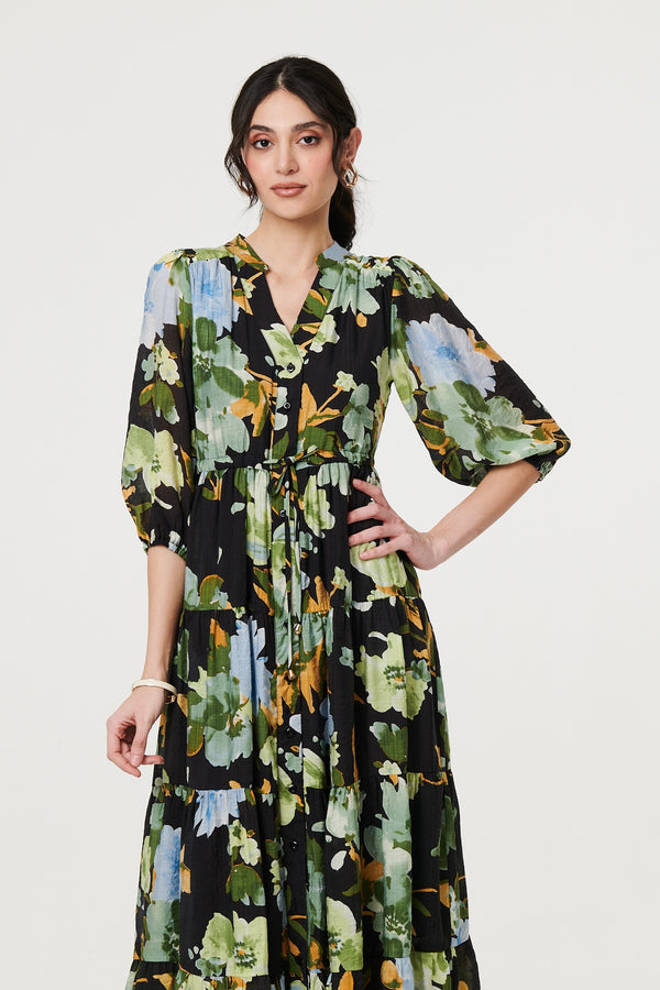 Black | Leaf Print 3/4 Sleeve Shirt Midi Dress