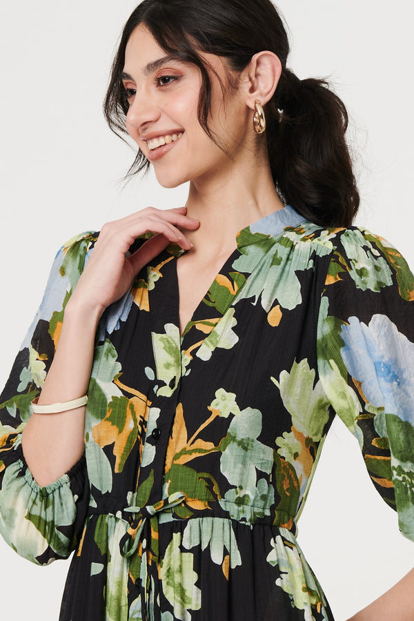 Black | Leaf Print 3/4 Sleeve Shirt Midi Dress
