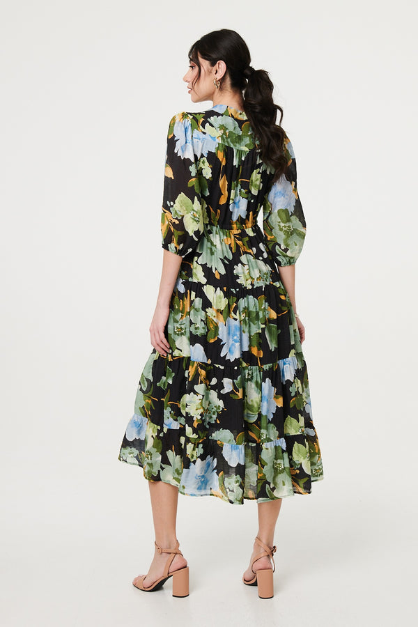 Black | Leaf Print 3/4 Sleeve Shirt Midi Dress