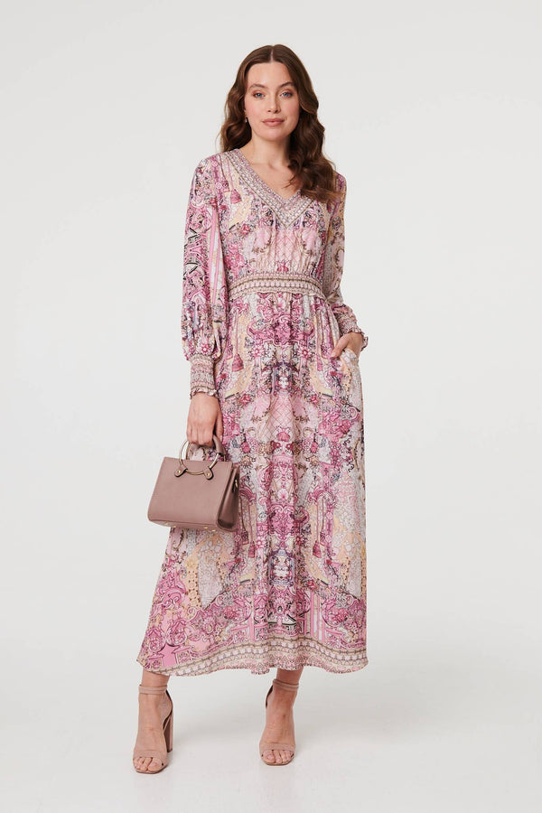 Pink | Floral Border Print Empire Maxi Dress