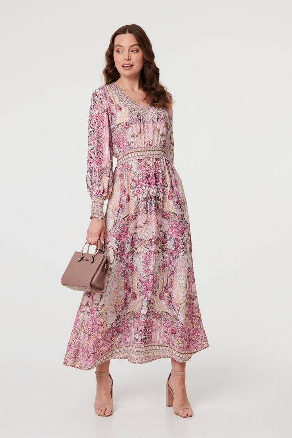 Pink | Floral Border Print Empire Maxi Dress