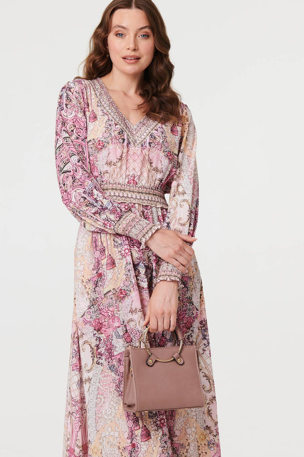 Pink | Floral Border Print Empire Maxi Dress