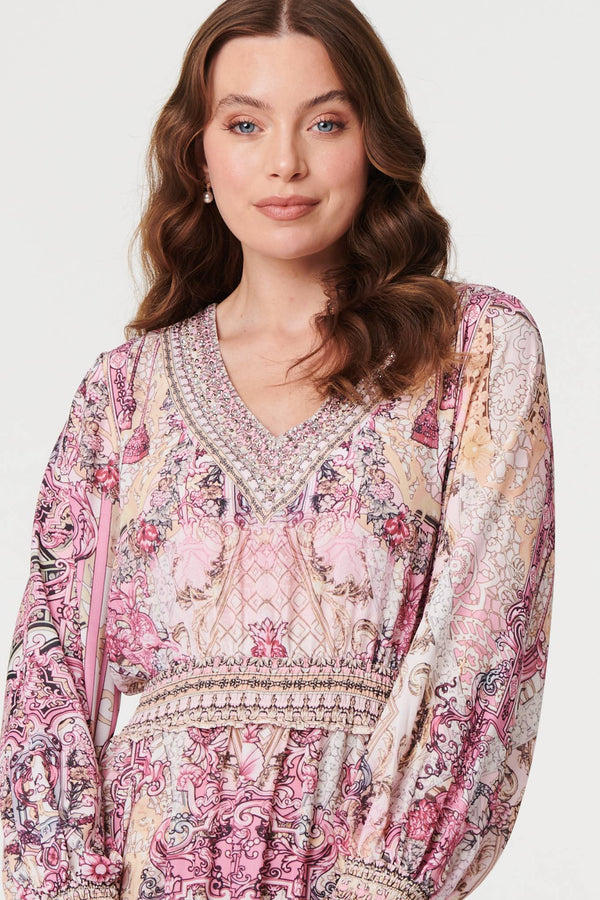 Pink | Floral Border Print Empire Maxi Dress