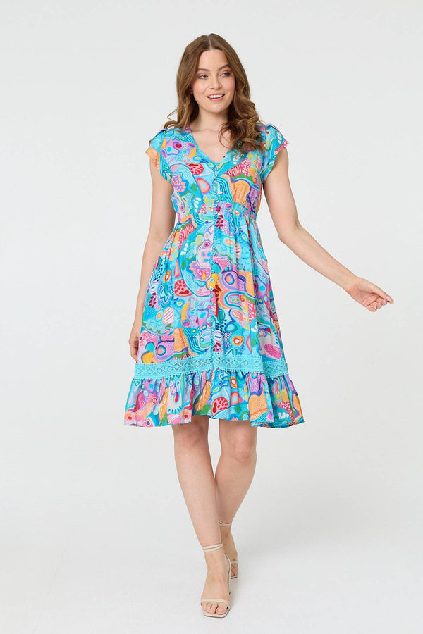 Blue | Abstract Shirred Lace Trim Midi Dress