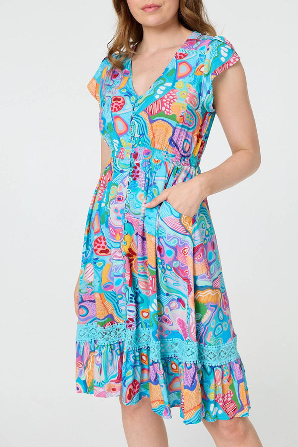 Blue | Abstract Shirred Lace Trim Midi Dress