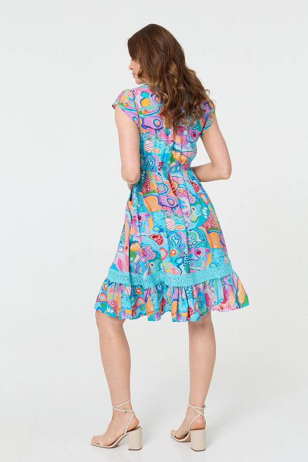 Blue | Abstract Shirred Lace Trim Midi Dress