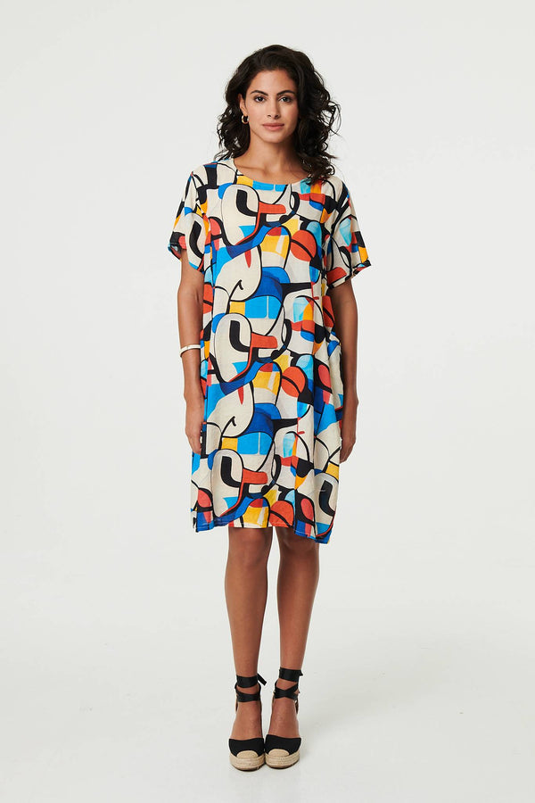 Blue | Abstract Print Knee Length Shift Dress
