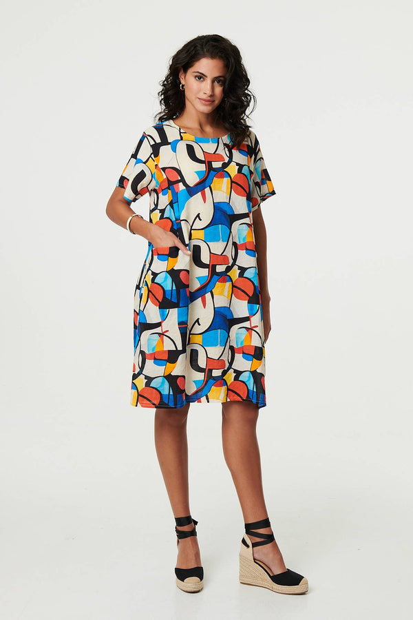 Blue | Abstract Print Knee Length Shift Dress
