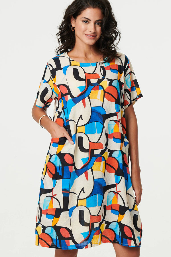 Blue | Abstract Print Knee Length Shift Dress