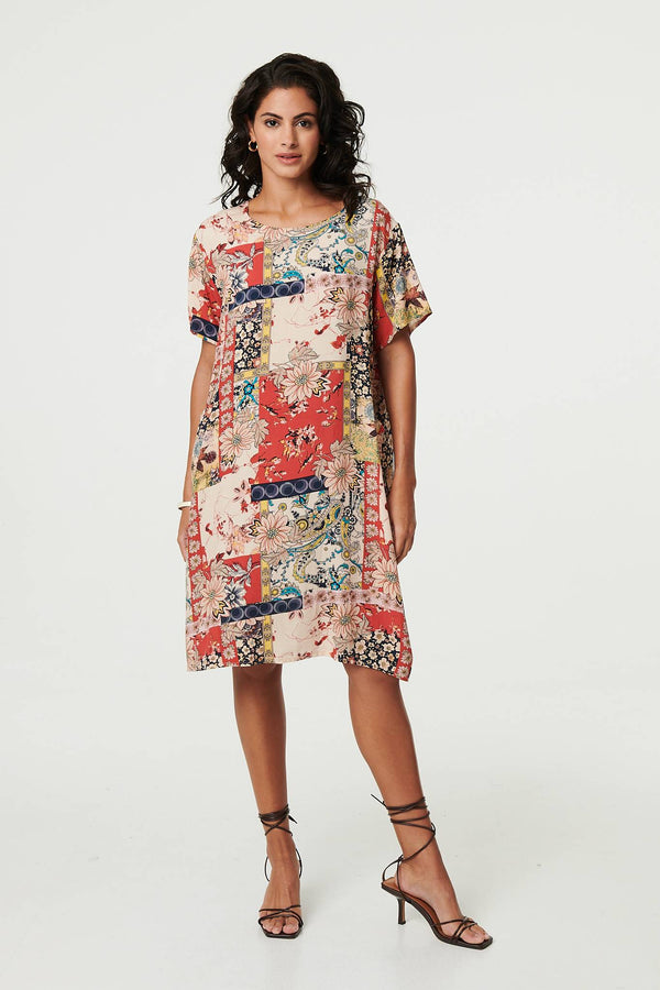 Beige | Patchwork Print Knee Length Shift Dress