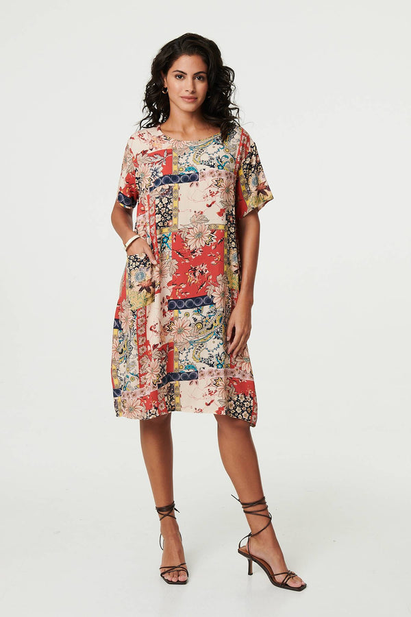 Beige | Patchwork Print Knee Length Shift Dress