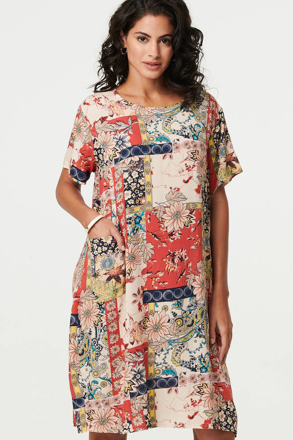 Beige | Patchwork Print Knee Length Shift Dress