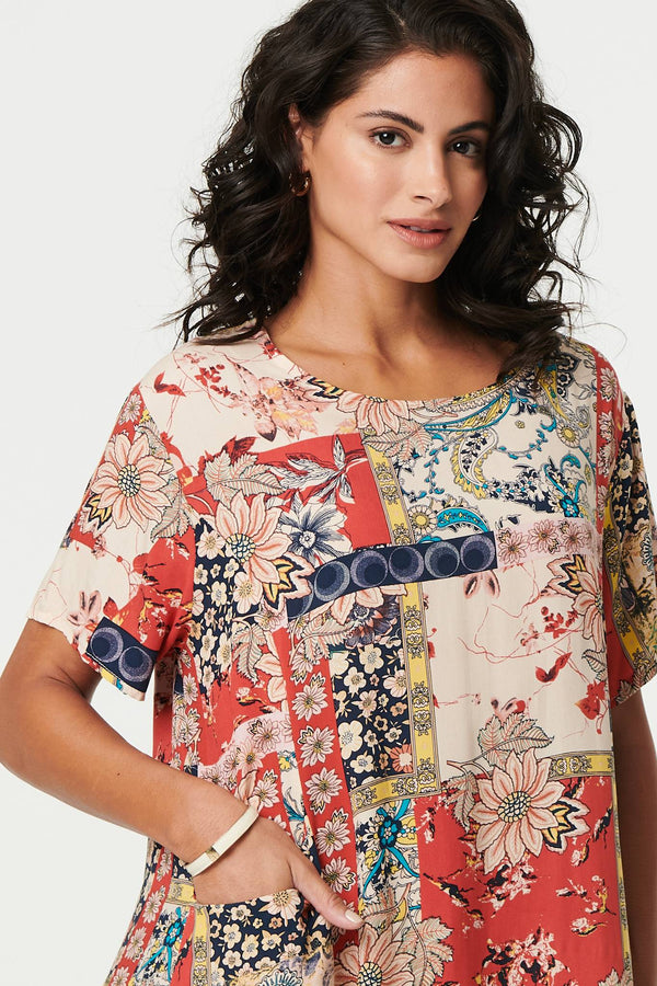 Beige | Patchwork Print Knee Length Shift Dress