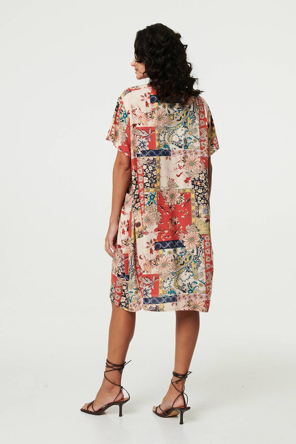 Beige | Patchwork Print Knee Length Shift Dress