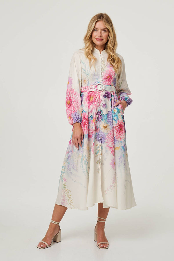 Cream | Border Print Belt Detail Midi Dress