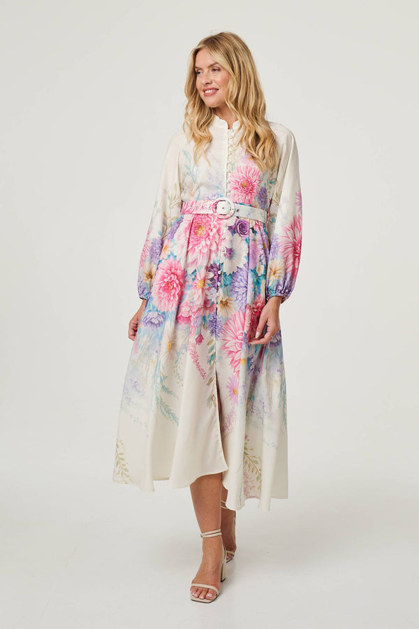 Cream | Border Print Belt Detail Midi Dress