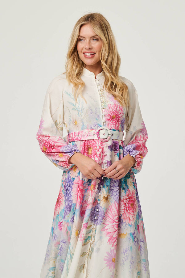 Cream | Border Print Belt Detail Midi Dress