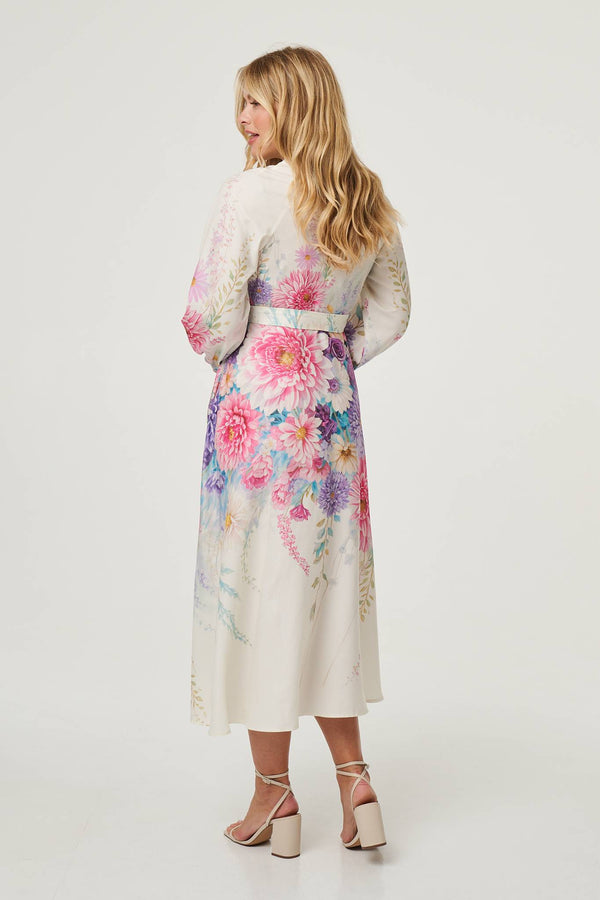 Cream | Border Print Belt Detail Midi Dress