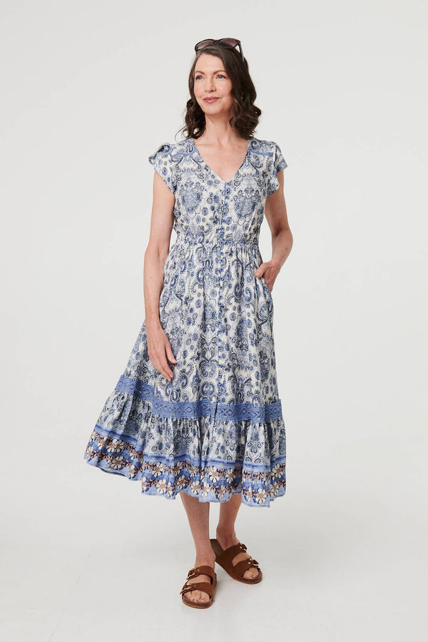 Blue | Paisley Cap Sleeve Knee Length Dress