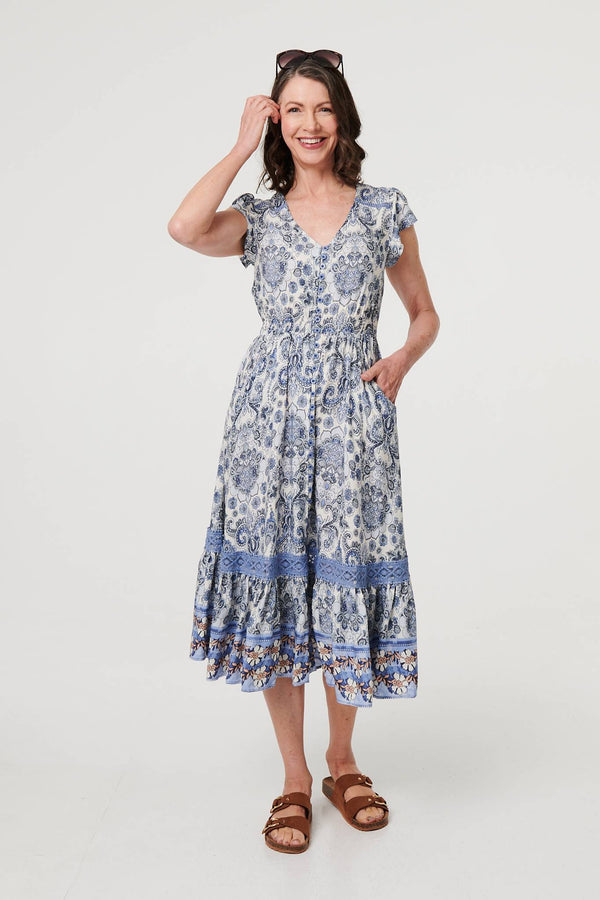 Blue | Paisley Cap Sleeve Knee Length Dress