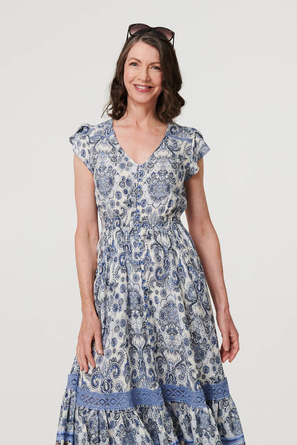 Blue | Paisley Cap Sleeve Knee Length Dress