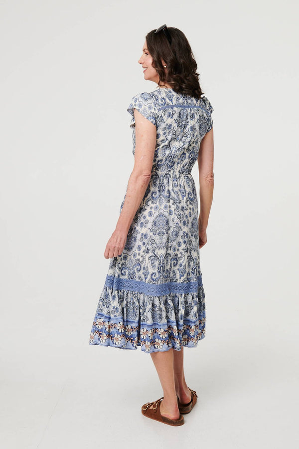Blue | Paisley Cap Sleeve Knee Length Dress