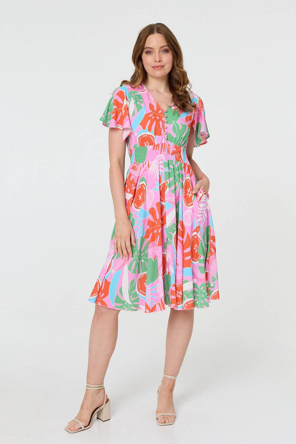 Pink | Abstract Shirred Knee Length Dress