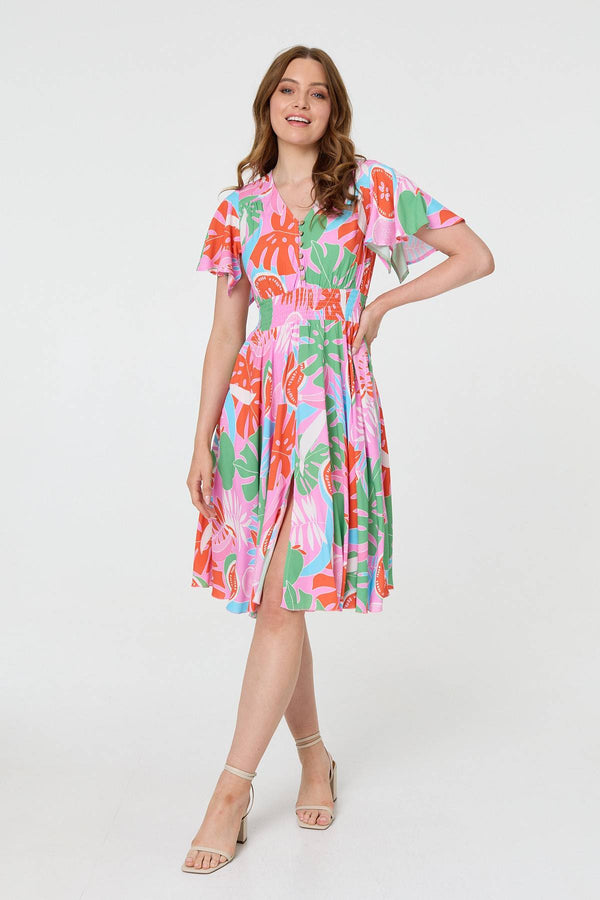 Pink | Abstract Shirred Knee Length Dress