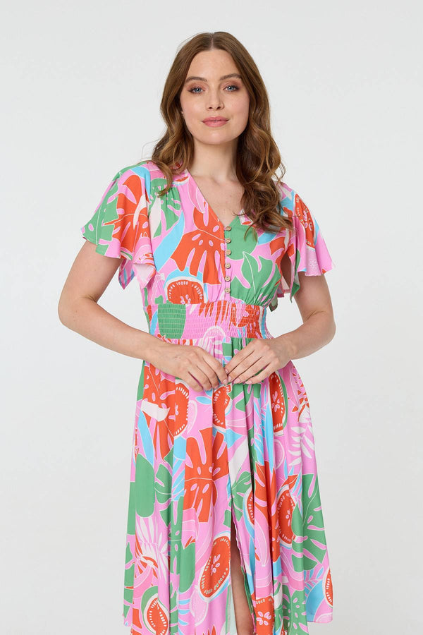 Pink | Abstract Shirred Knee Length Dress