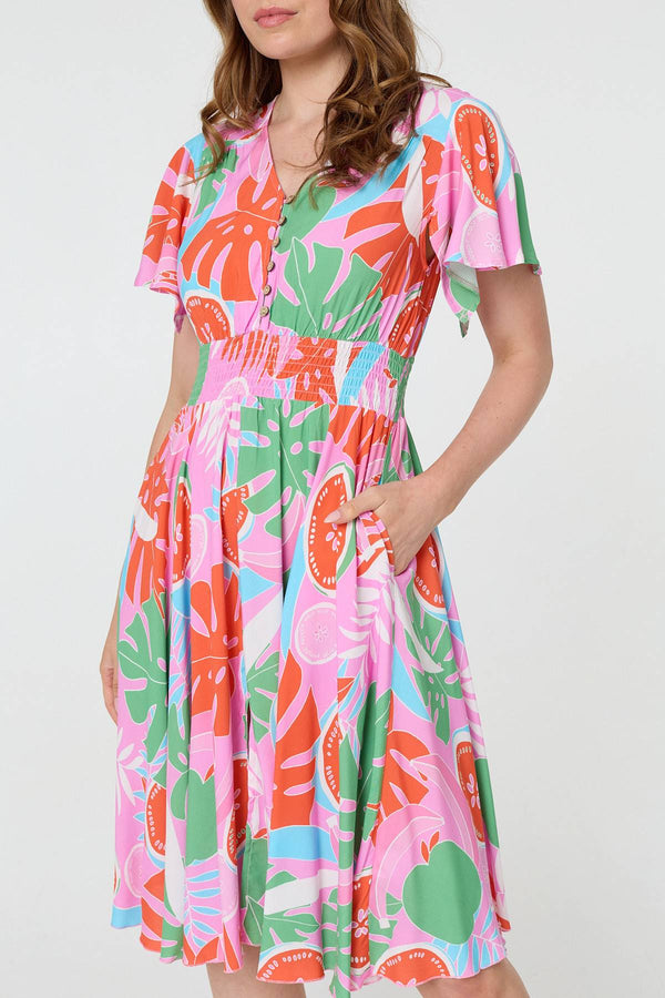 Pink | Abstract Shirred Knee Length Dress
