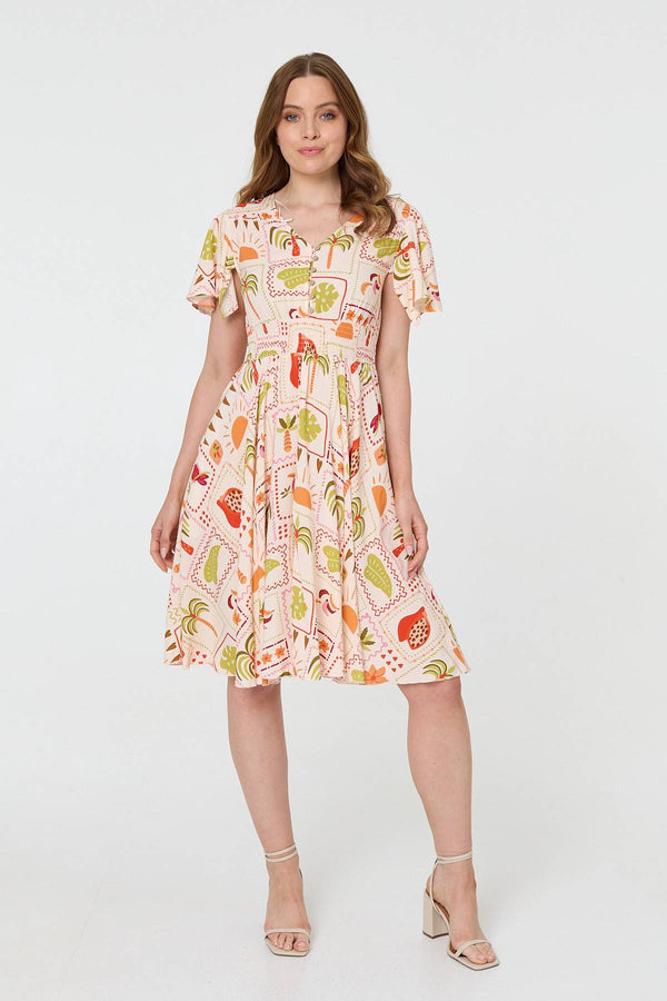 Pink | Printed V-Neck Shirred Knee Length Dress
