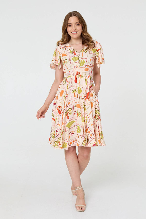 Pink | Printed V-Neck Shirred Knee Length Dress