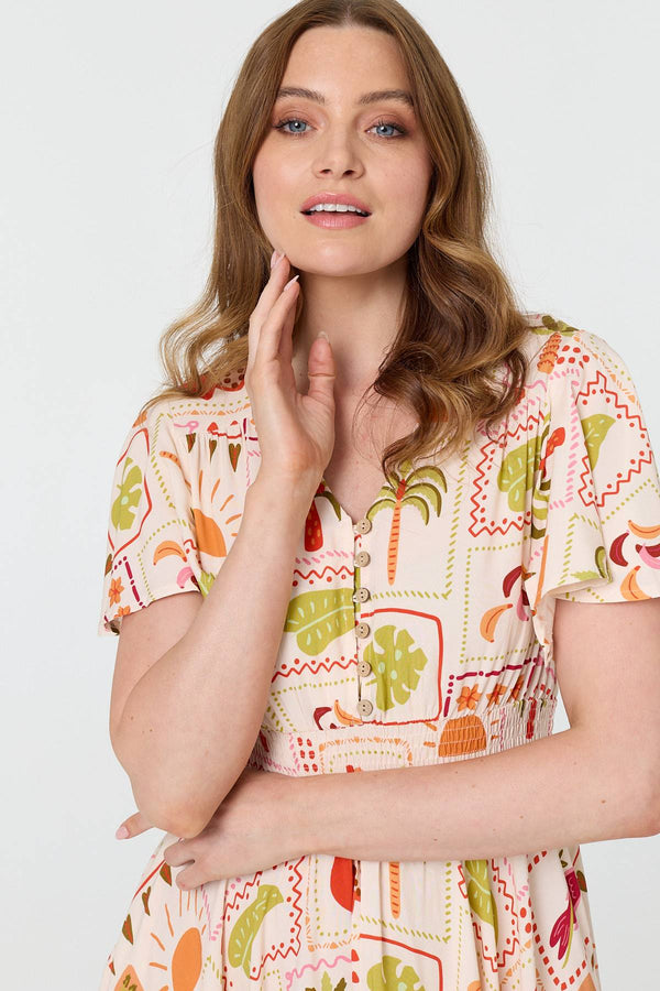 Pink | Printed V-Neck Shirred Knee Length Dress