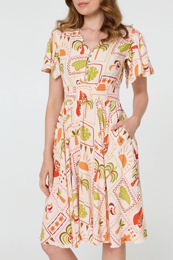Pink | Printed V-Neck Shirred Knee Length Dress