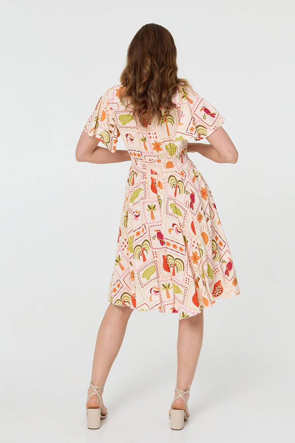 Pink | Printed V-Neck Shirred Knee Length Dress