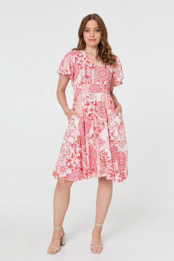 Orange | Paisley Print Shirred Knee Length Dress