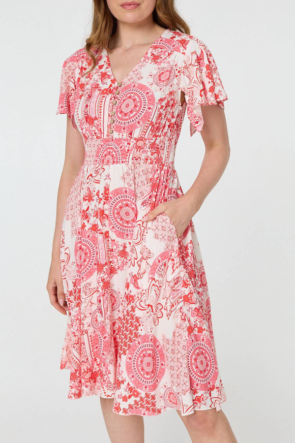 Orange | Paisley Print Shirred Knee Length Dress