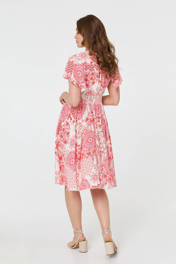 Orange | Paisley Print Shirred Knee Length Dress